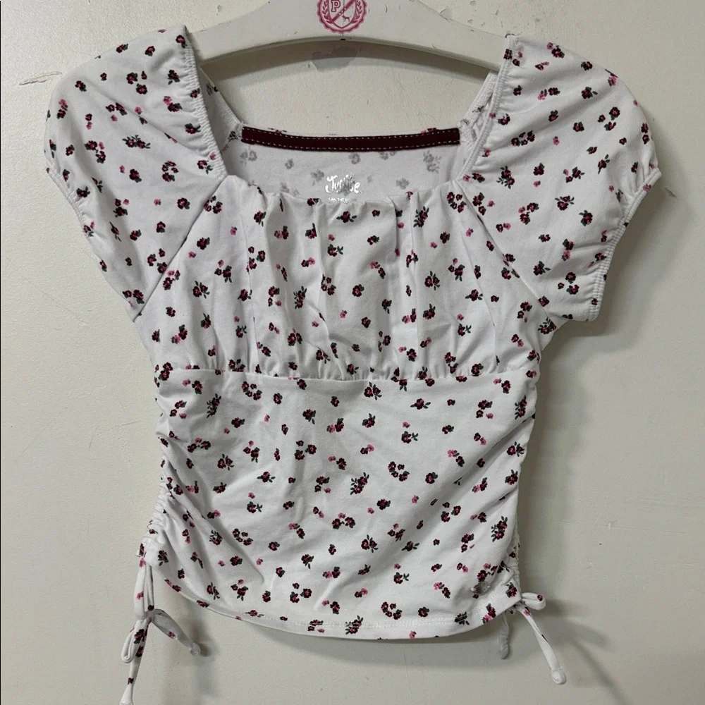 Justice White Crop Top with Pink & Burgundy Floral Print